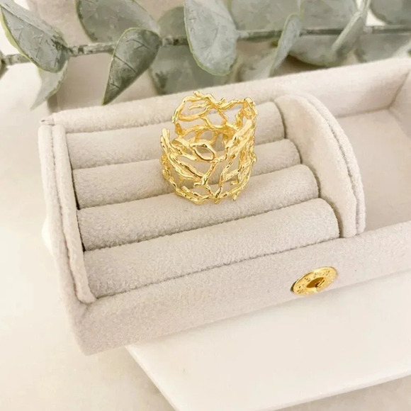 925 Sterling Silver Gold Textured Ring Vine Coral Tree Branch Ring Boho Ring - Picture 8 of 9